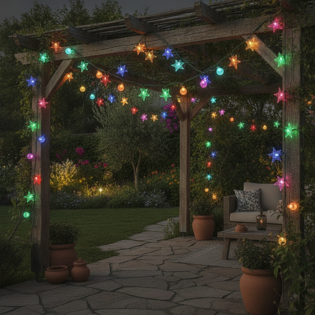 Luces guirnalda solar exterior terraza chilena navidad estrellas esferas coloridas