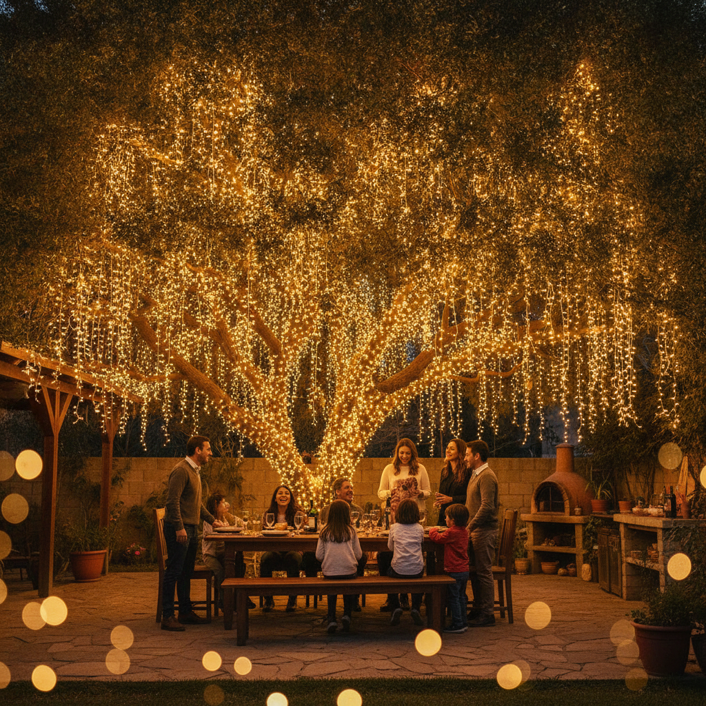 Luces LED cascada solar colgando de árbol quincho chileno luz cálida exterior noche