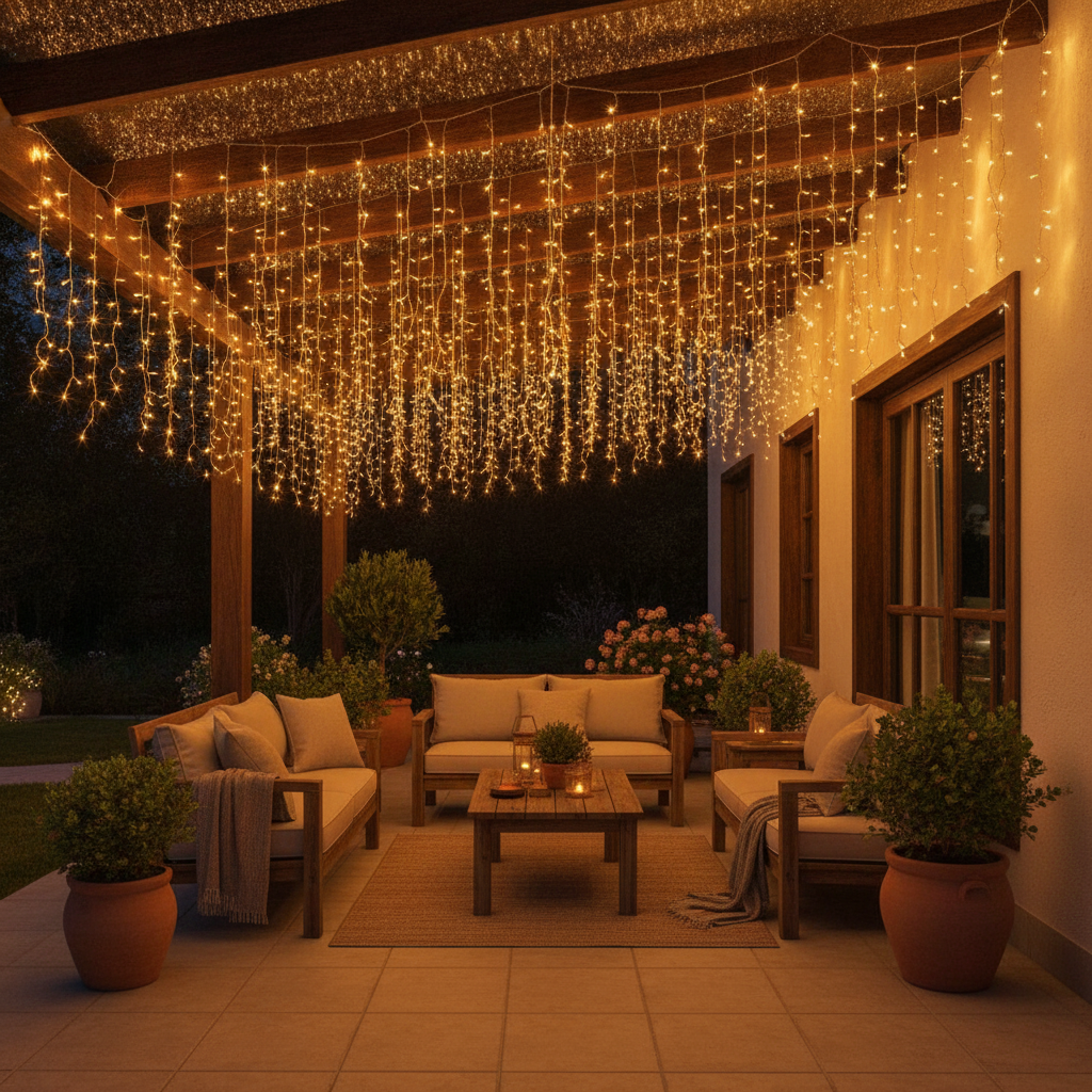 Guirnalda cascada LED solar decorando vigas terraza chilena ambiente cálido nocturno