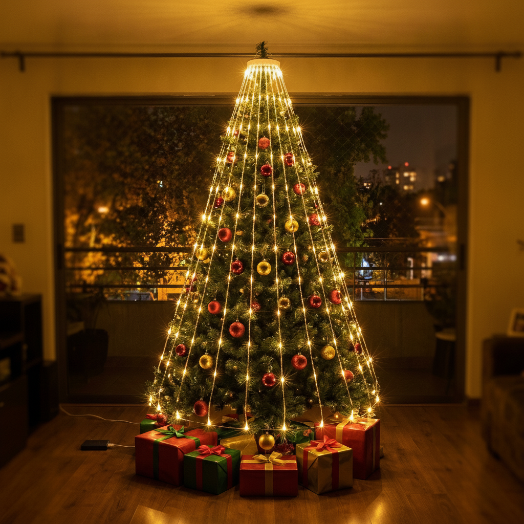 Árbol navideño con luces cascada USB cálidas conectadas a batería externa living chileno