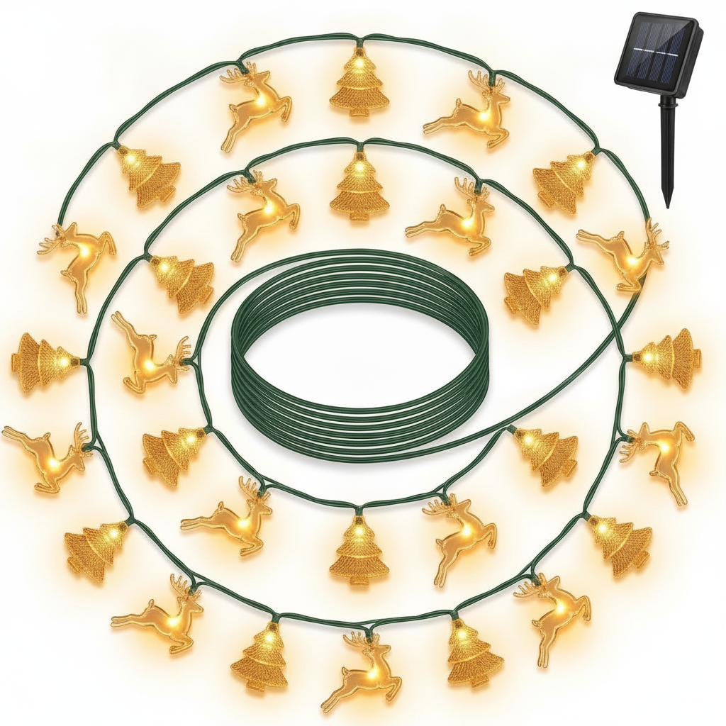 Guirnalda solar navidad 20 LED renos arbolitos dorados vista frontal producto