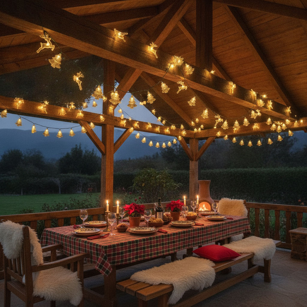 Guirnalda luces navideñas quincho chileno decoración fiestas familia
