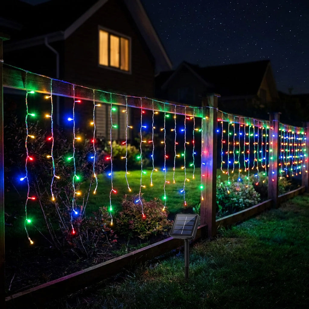 Luces navidad solares cascada 144 LED multicolor con estaca vista frontal fondo blanco