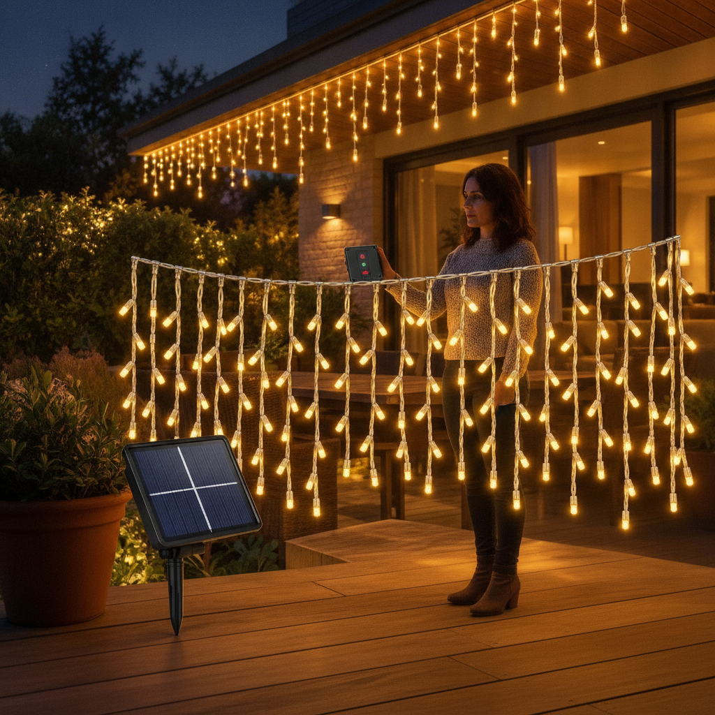 Cortina luces navidad solares LED cálidas 5m con panel solar y estaca vista frontal