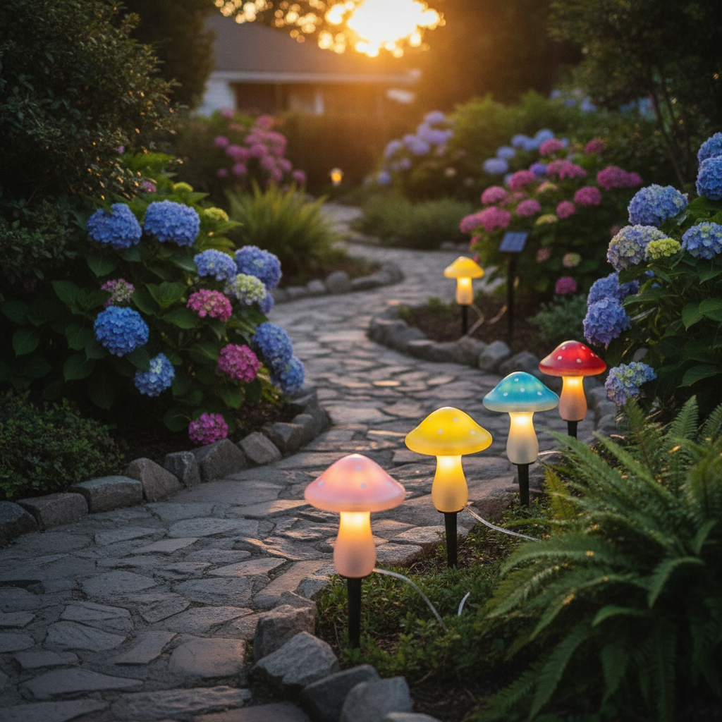 Luces solares hongos jardin encendidas camino residencial chileno atardecer