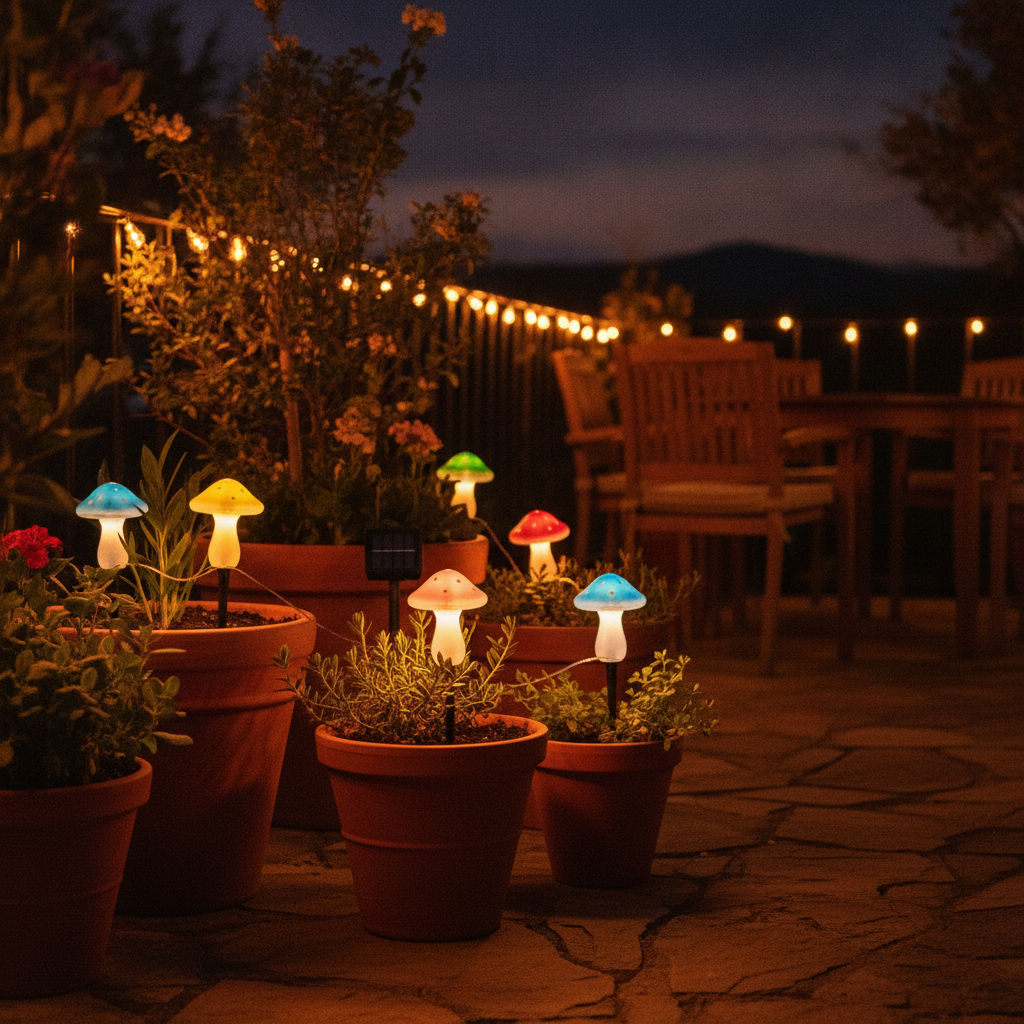 Hongos solares decorativos maceteros terraza hogar chileno noche luz calida
