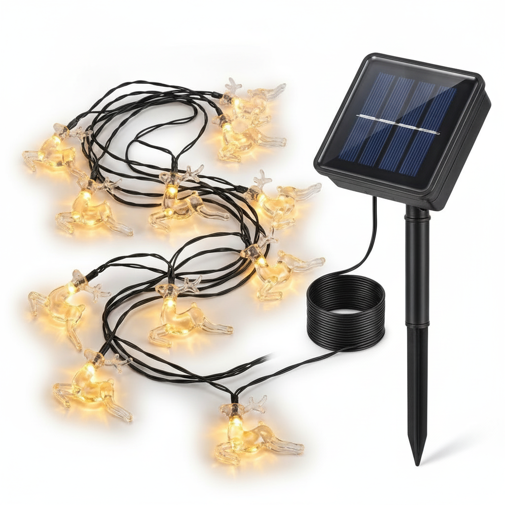 Luces solares navidad renos 20 LED cálidas 3m vista frontal fondo blanco