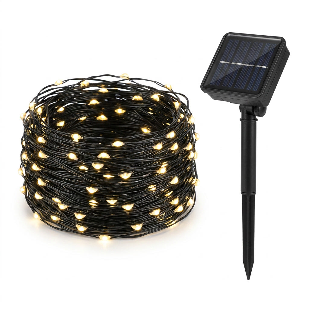 Malla luces LED solar 200 puntos luz calida 3x2m vista frontal fondo blanco