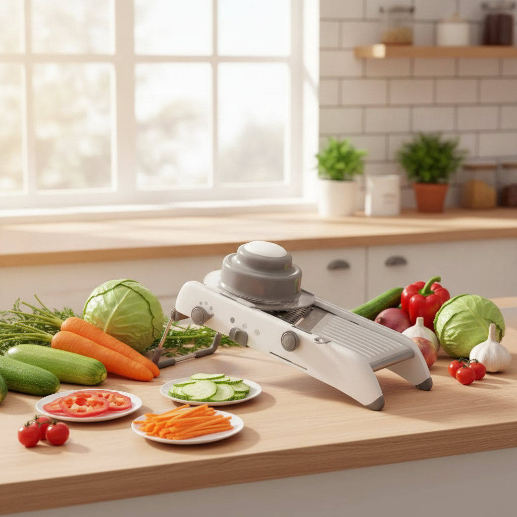 Persona usando mandolina rebanadora para cortar pepino fino en ensalada