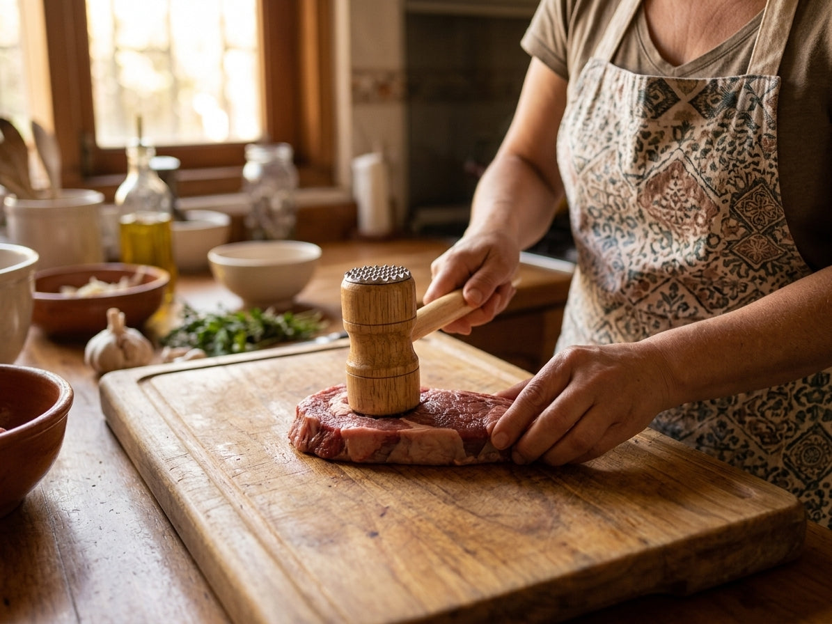 Cocinera usando martillo ablandador carne madera tabla cocina