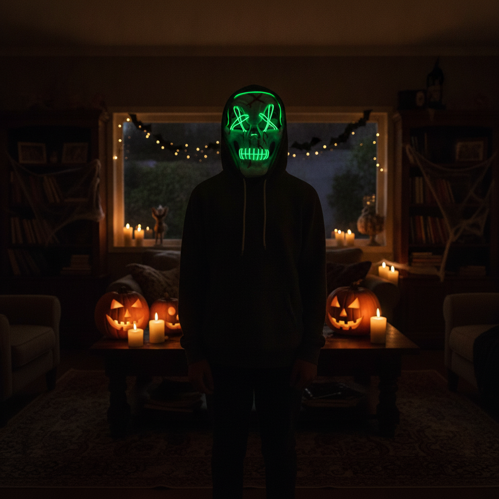Mascara calavera LED verde neon usada en living chileno decorado Halloween