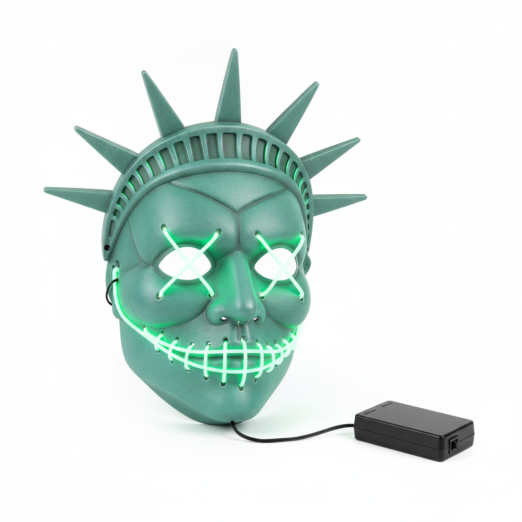 Mascara Halloween Estatua Libertad LED neón verde vista frontal fondo blanco
