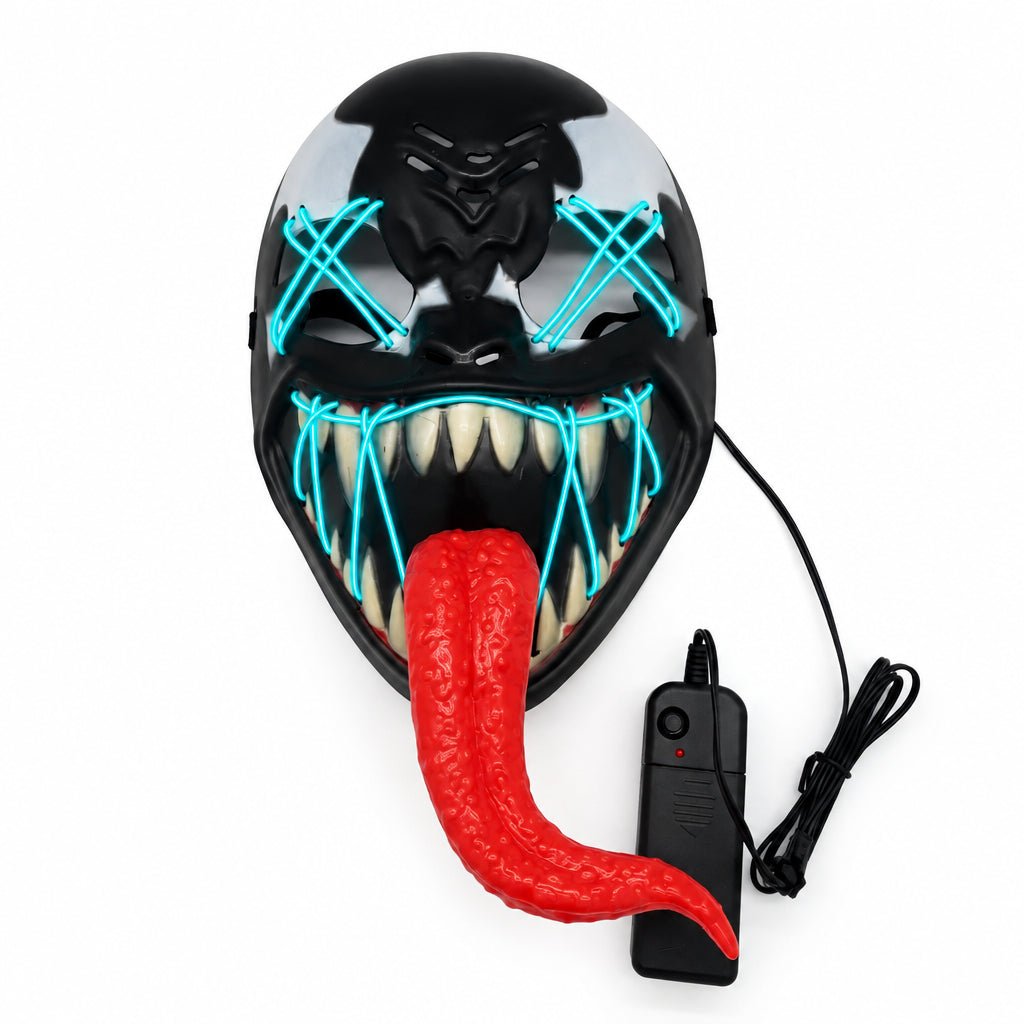Mascara Venom Halloween LED neon celeste con lengua roja vista frontal fondo blanco