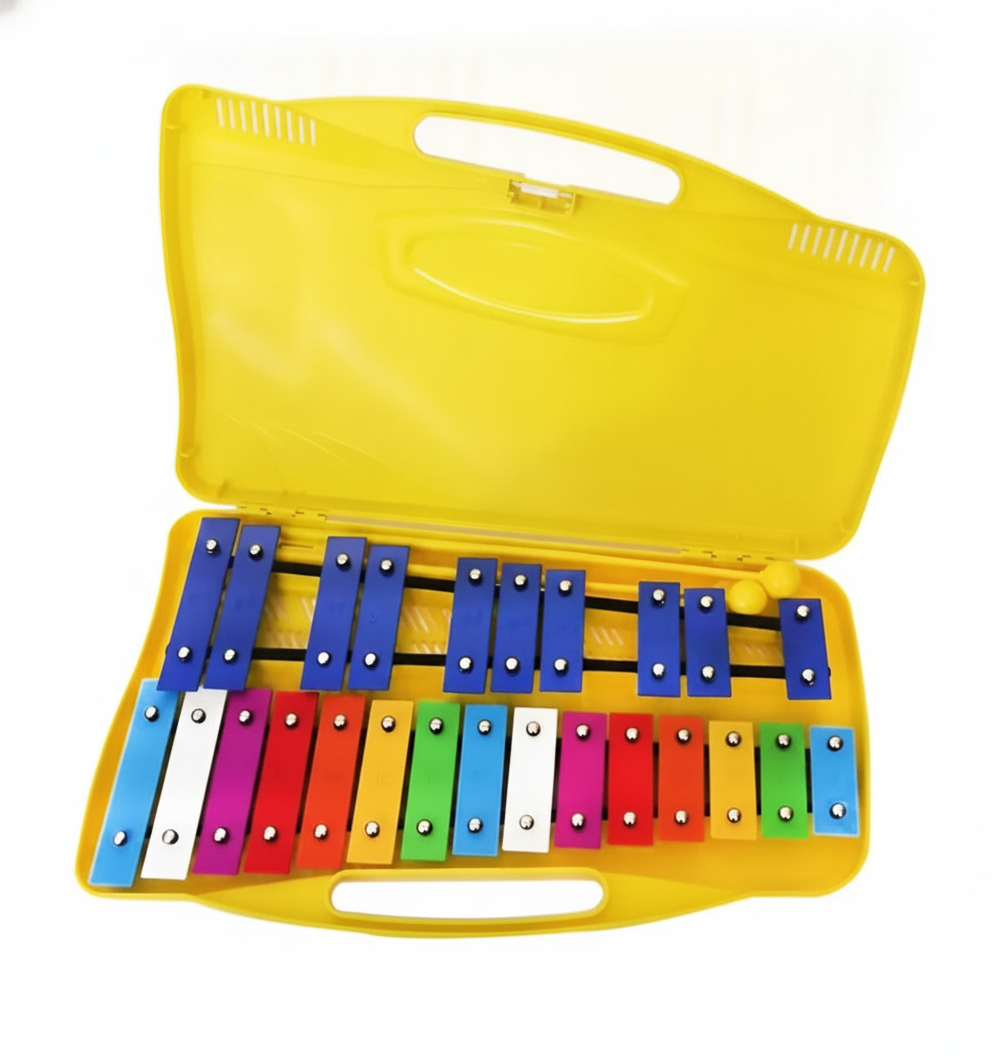 Metalofono cromatico 25 notas xilofono infantil estuche amarillo vista frontal