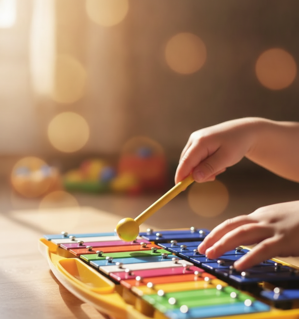 Manos de nino tocando xilofono cromatico de colores con mazo