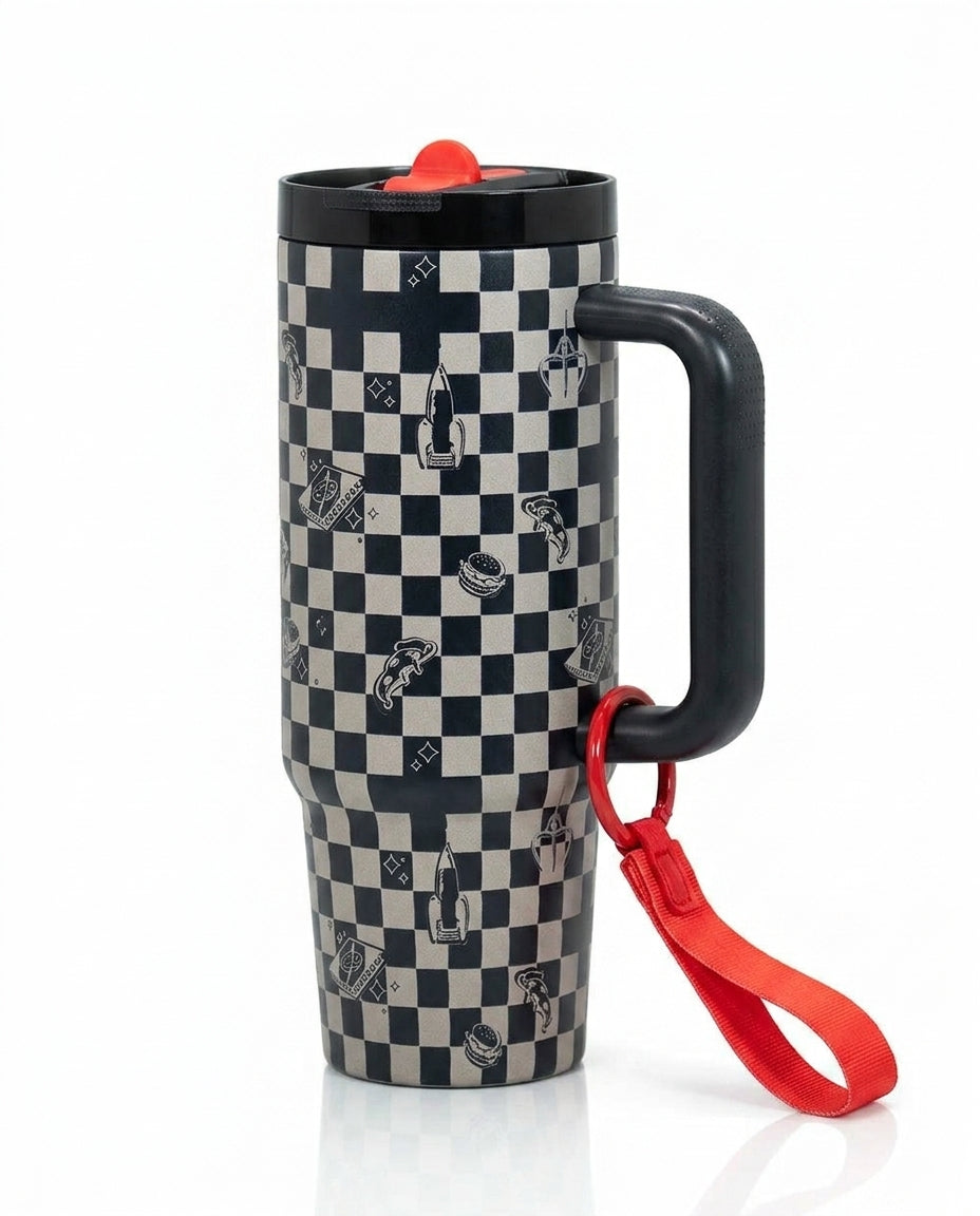 Mug térmico 30oz Toy Story Pizza Planet ajedrez negro blanco vista frontal
