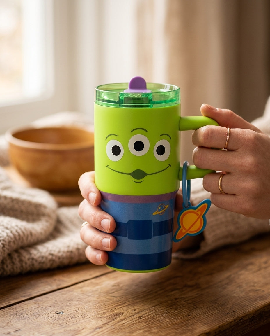 Vaso térmico Alien Toy Story en mesa asado chileno Fiestas Patrias