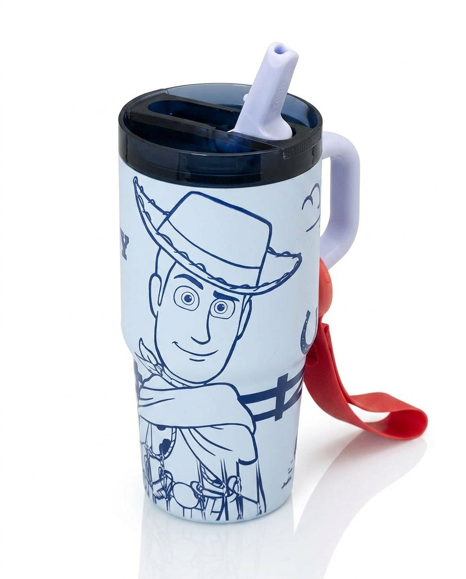 Mug térmico Woody Toy Story 5 20oz vacuum tapa antiderrames vista frontal blanco
