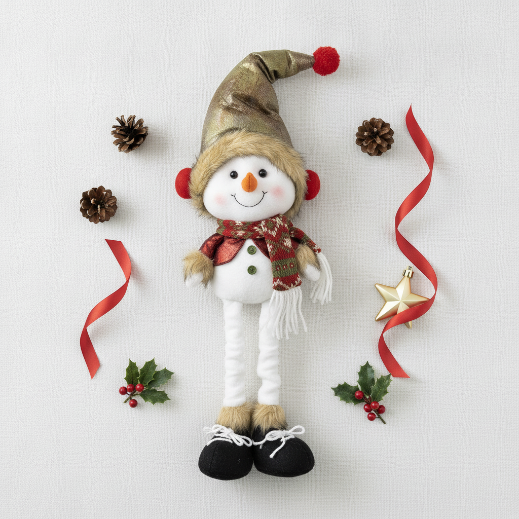 Flat lay muñeco nieve navidad con adornos navideños piñas cintas estrella dorada