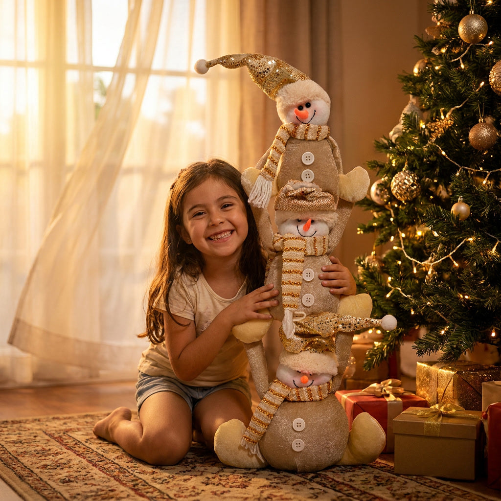 Adorno navideño muñecos de nieve dorado living chileno árbol de navidad