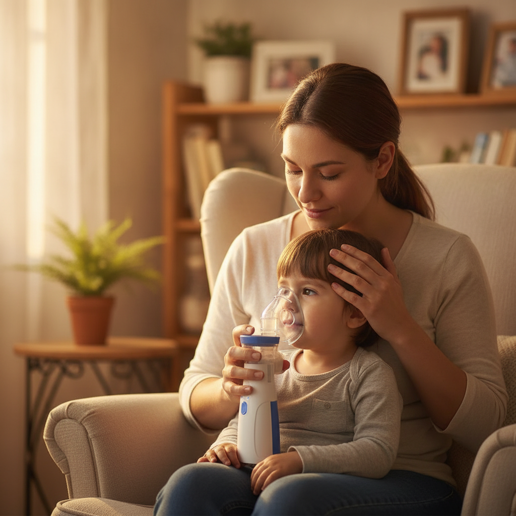 Madre chilena usando nebulizador portátil con su hijo en el hogar