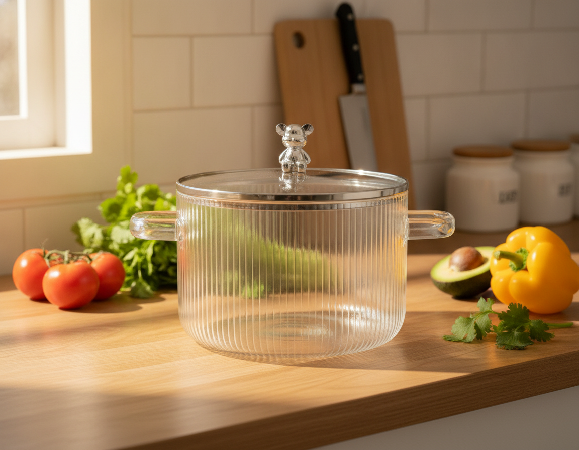Olla borosilicato con sopa caliente en mesa familiar hogar chileno