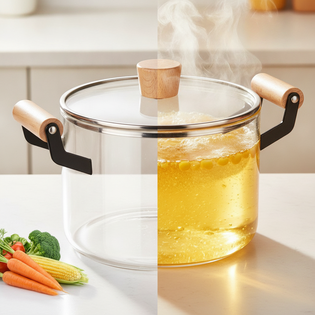 Mujer chilena cocinando sopa en olla de vidrio borosilicato transparente en hogar