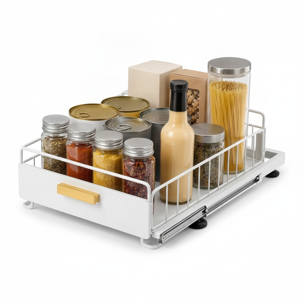 Organizador cocina extensible bajo mueble blanco con riel deslizante vista frontal