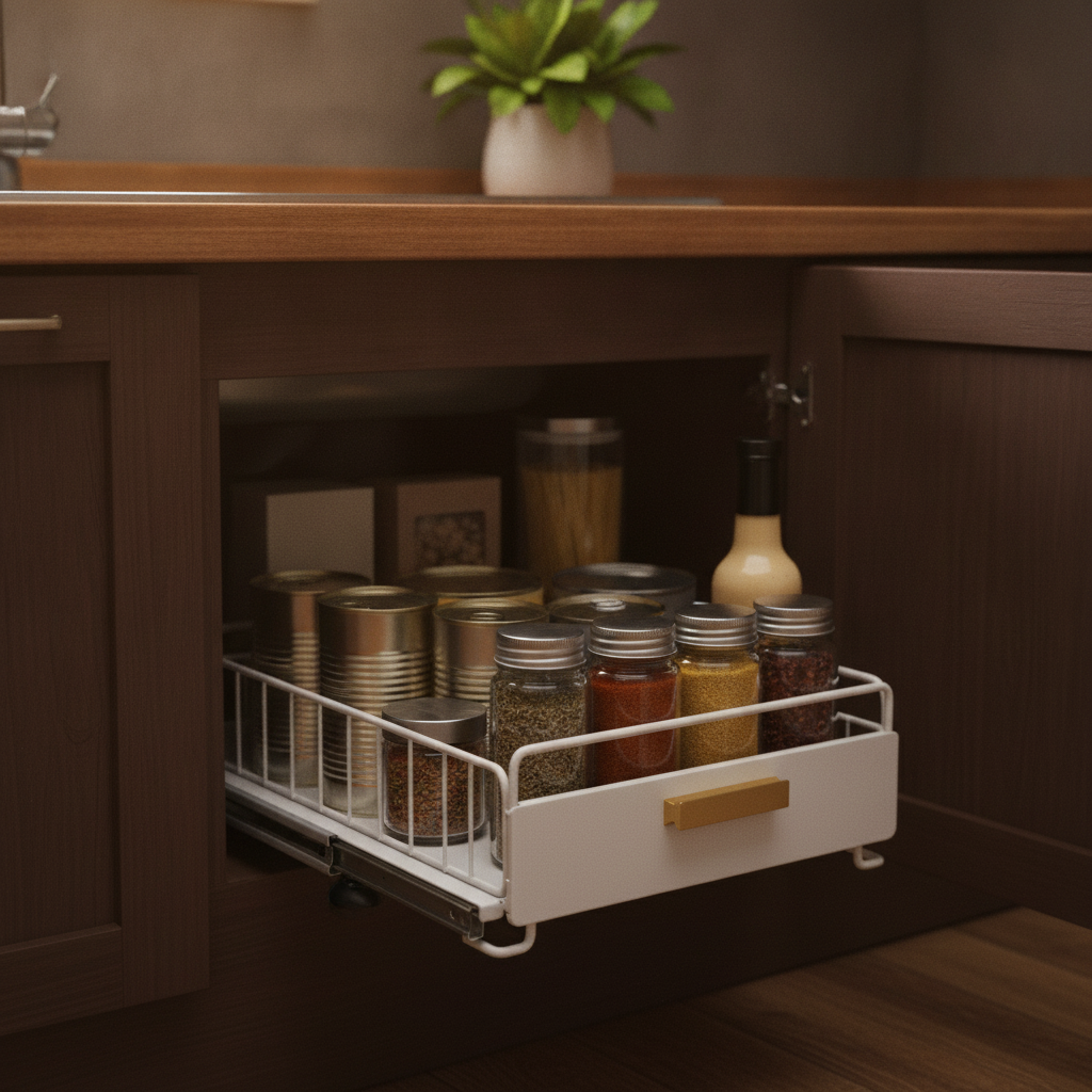 Organizador bajo mueble cocina blanco almacenando condimentos cocina hogar