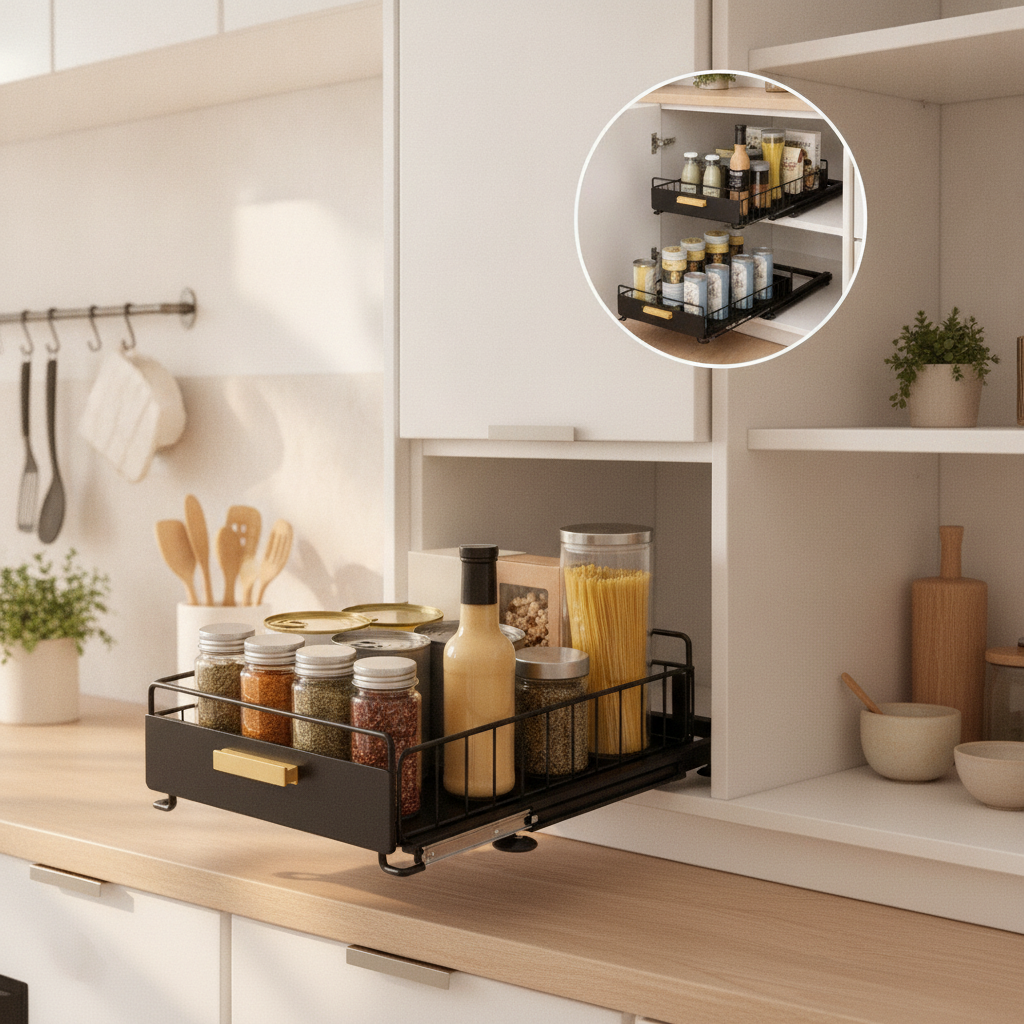 Organizador deslizante bajo alacena cocina hogar chileno moderno