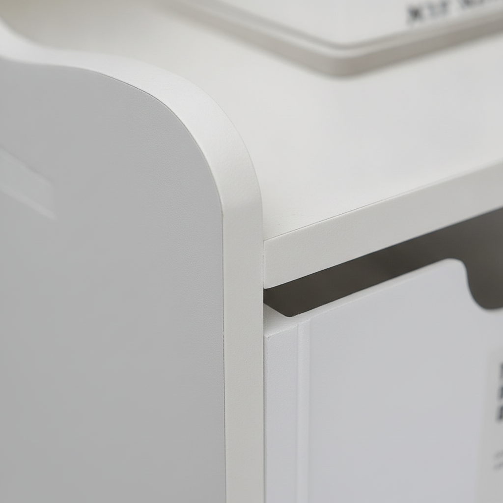 Detalle textura superficie MDF blanco organizador escritorio cajones