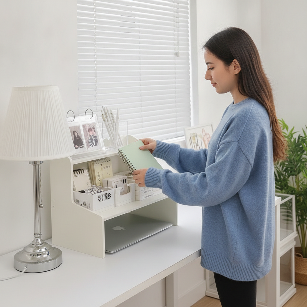 Mujer chilena usando organizador escritorio cajones oficina en casa