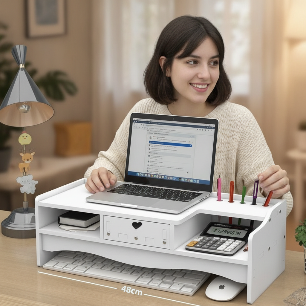 Mujer usando organizador escritorio blanco cajón lapiceros teletrabajo hogar