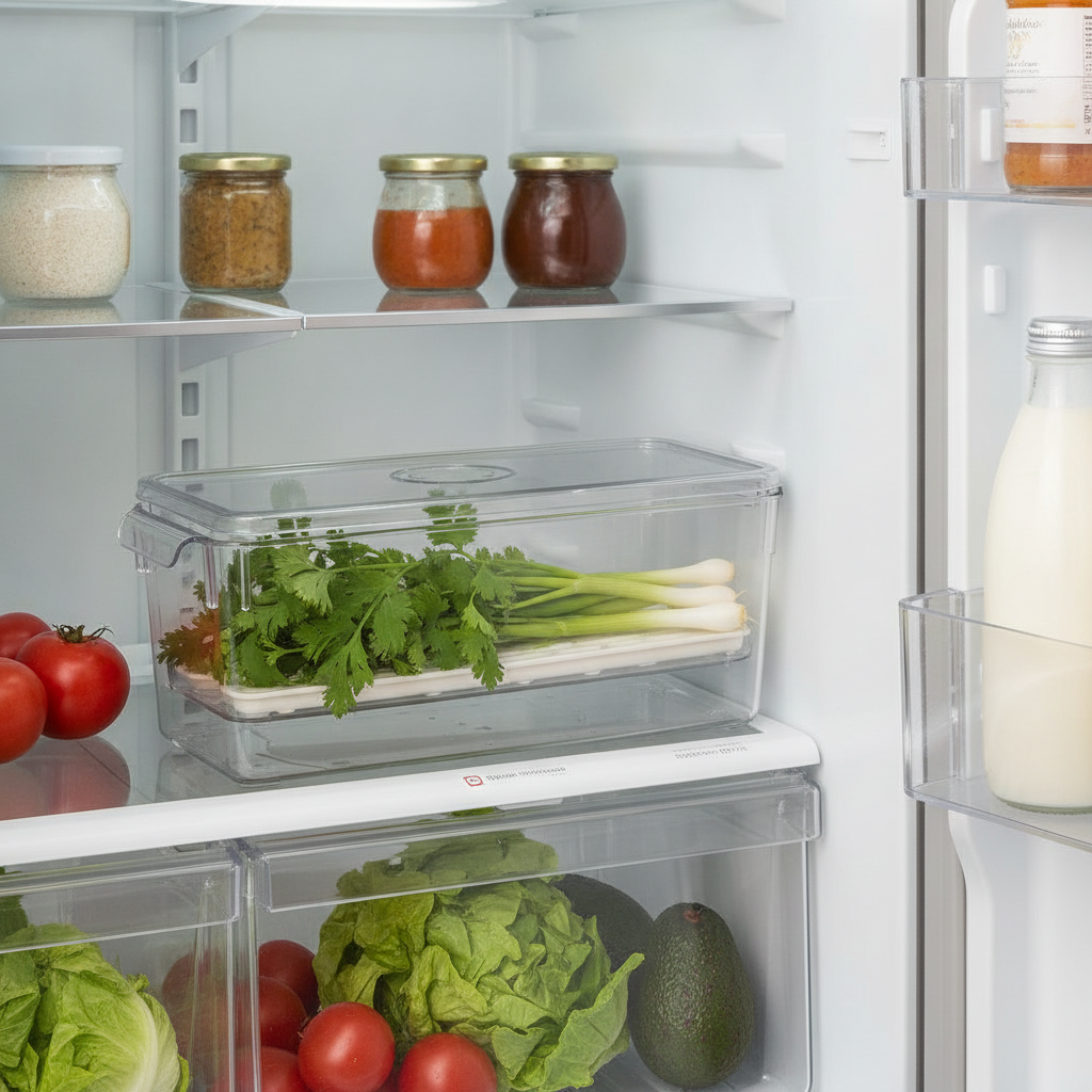 Cilantro y cebollín frescos dentro organizador refrigerador con rejilla drenaje