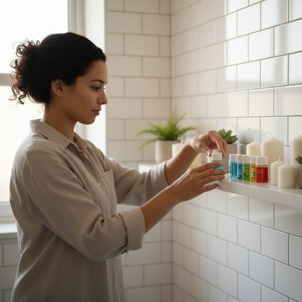 Frascos aceite esencial aromaterapia en baño spa hogar mujer chilena