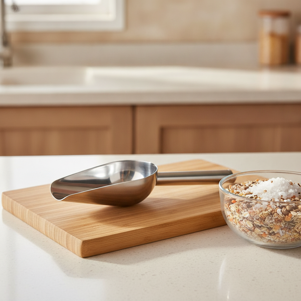 Scoop acero inoxidable junto a granos sal cocina hogar chileno