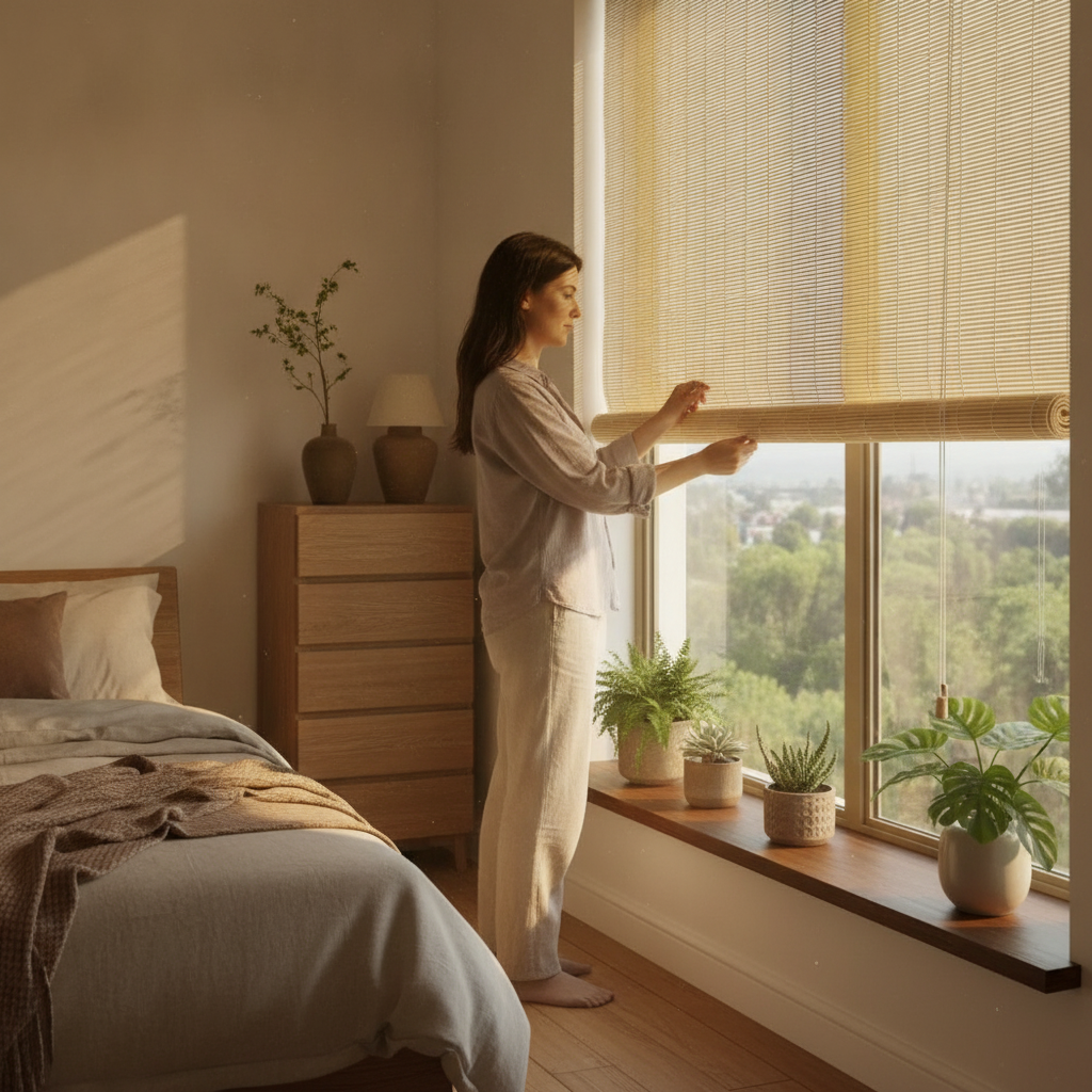 Mujer ajustando persiana bambu roller en dormitorio iluminado estilo natural
