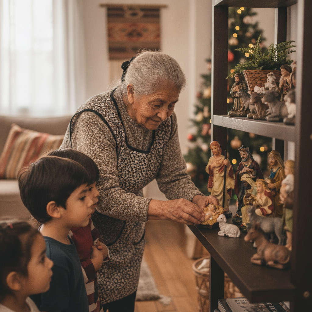 Abuela chilena armando pesebre de resina pintada mano con nietos en living navideño