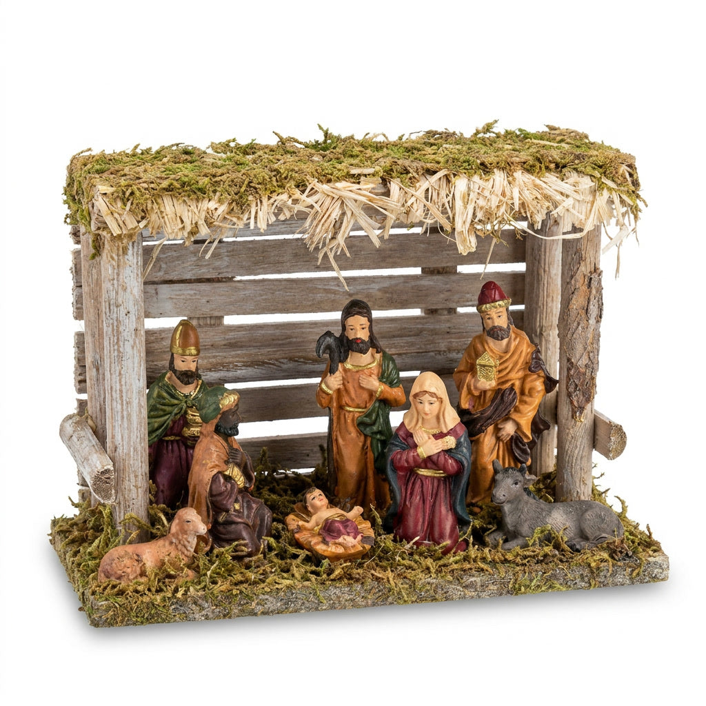 Pesebre navideño nacimiento establo figuras resina 20cm vista frontal