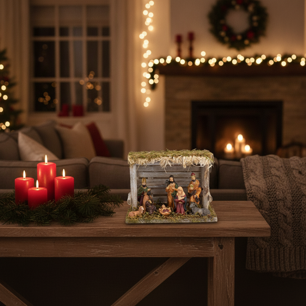 Pesebre navideño artesanal sobre consola living chileno decoracion navidad