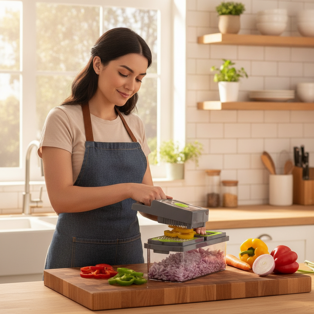 Picador verduras multifuncional en uso cocina chilena picar cebolla