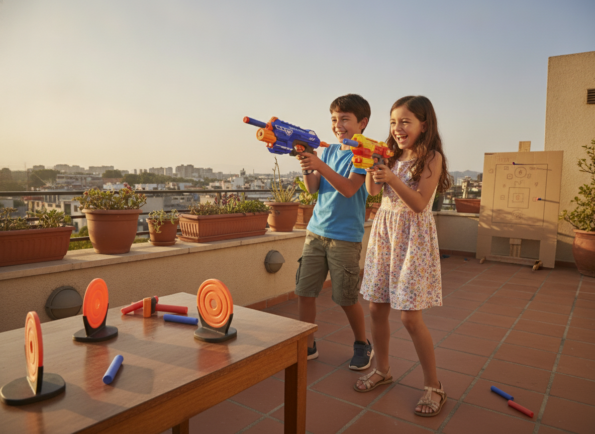 Niños jugando juego puntería dardos espuma terraza hogar chileno