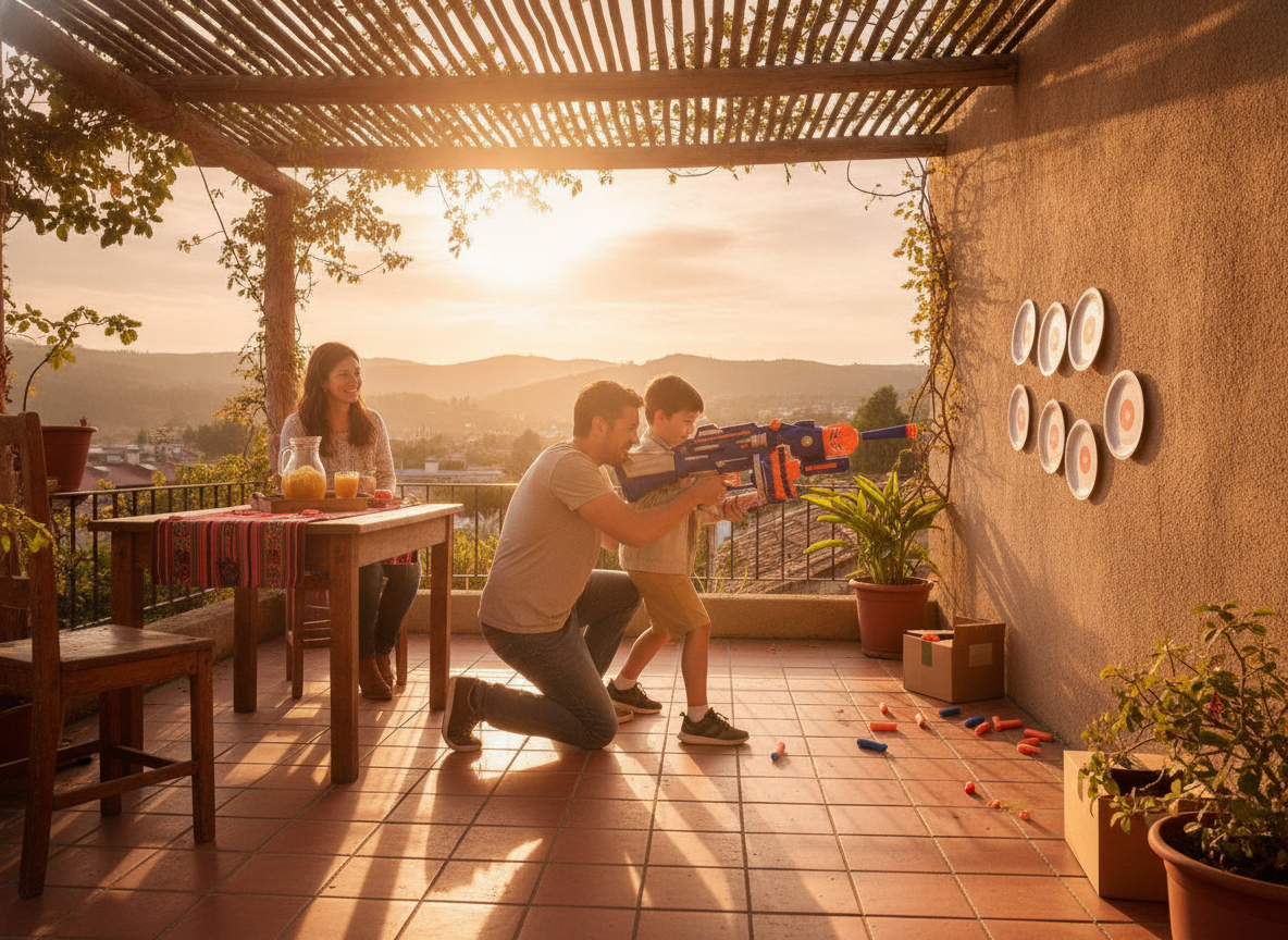 Familia chilena en terraza usando pistola juguete dardos eléctrica