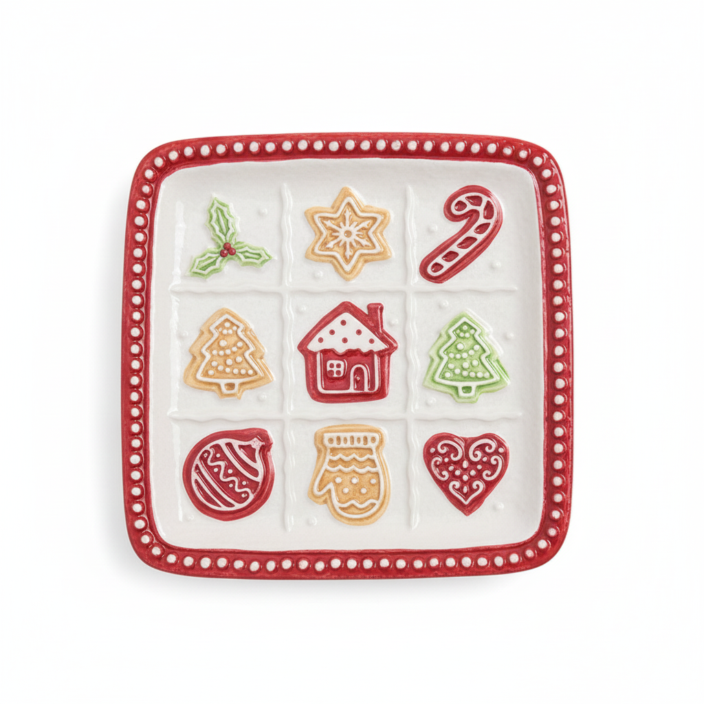 Plato ceramica navidad decorativo 23cm cuadrado rojo blanco vista frontal