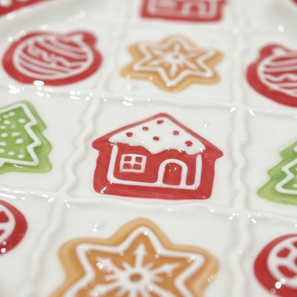Detalle relieve ceramica plato navidad motivos casitas estrellas bastones