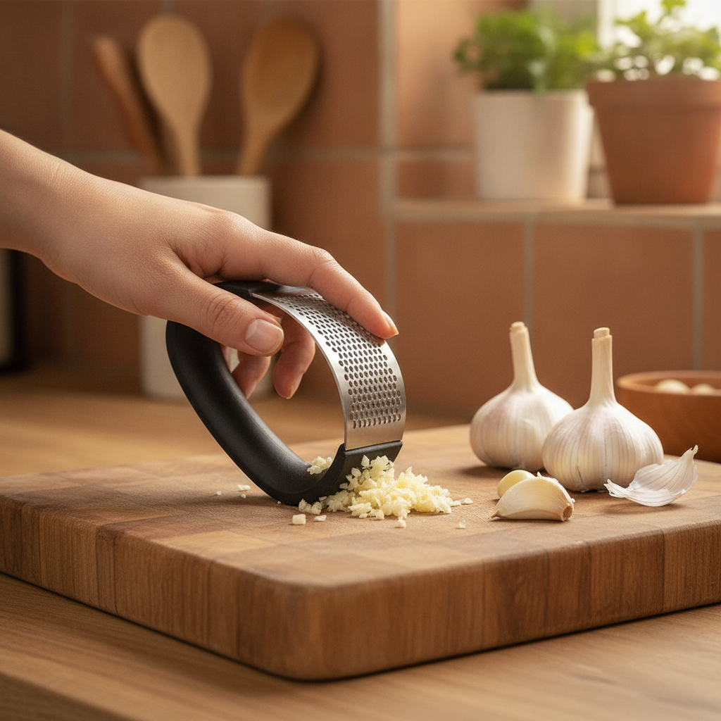 Mujer usando picador ajos roller en cocina chilena tabla de madera