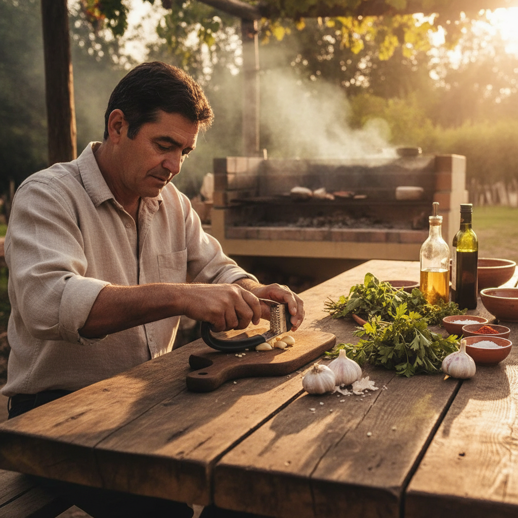 Machacador ajos manual en quincho chileno preparando parrilla