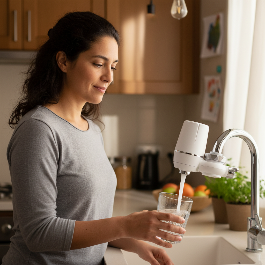 Mujer llenando vaso agua limpia grifo filtro purificador hogar