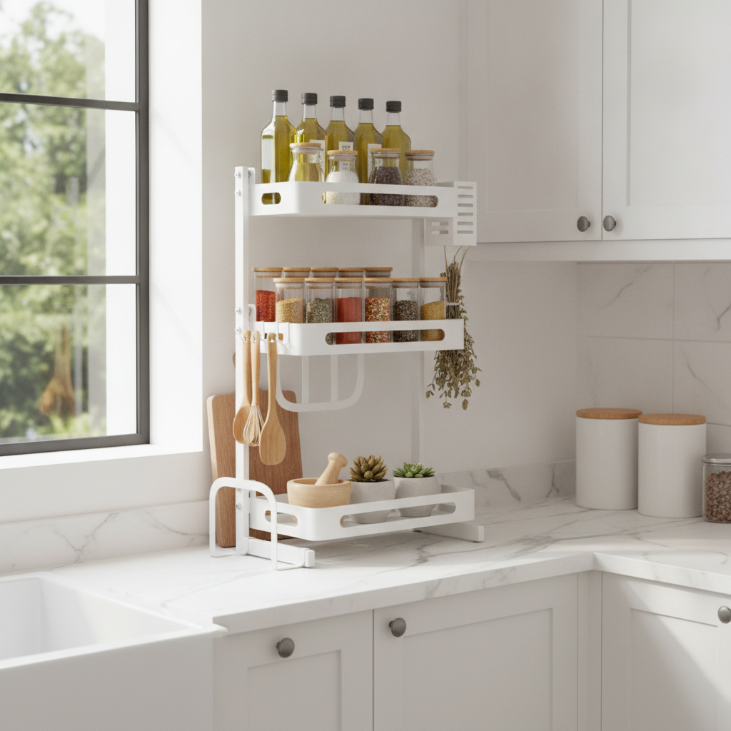 Repisa metálica 3 pisos tazas colgadas platos y especias cocina familiar