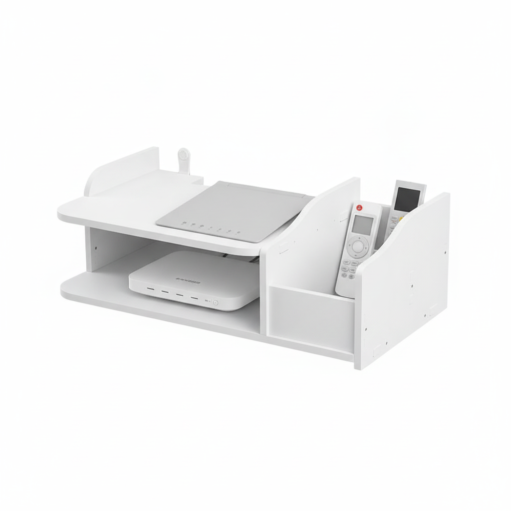 Rack organizador router controles 2 niveles blanco 40cm vista frontal